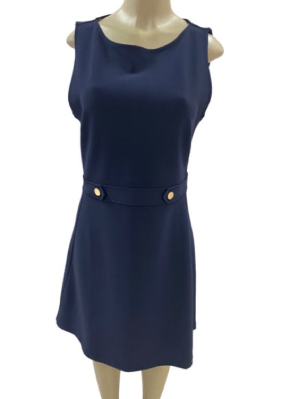 H&M Navy Sleeveless Fit & Flare Dress Gold Button Waist NWT Small